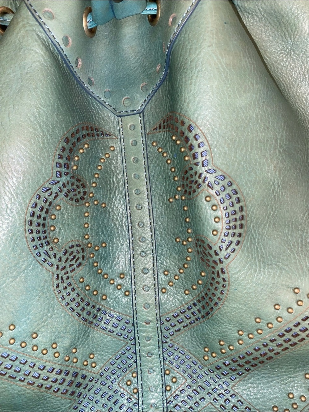 Y2K Vintage Cole Haan Teal Leather Drawstring brass studded Hobo Bag Boho fairy - Picture 4 of 13
